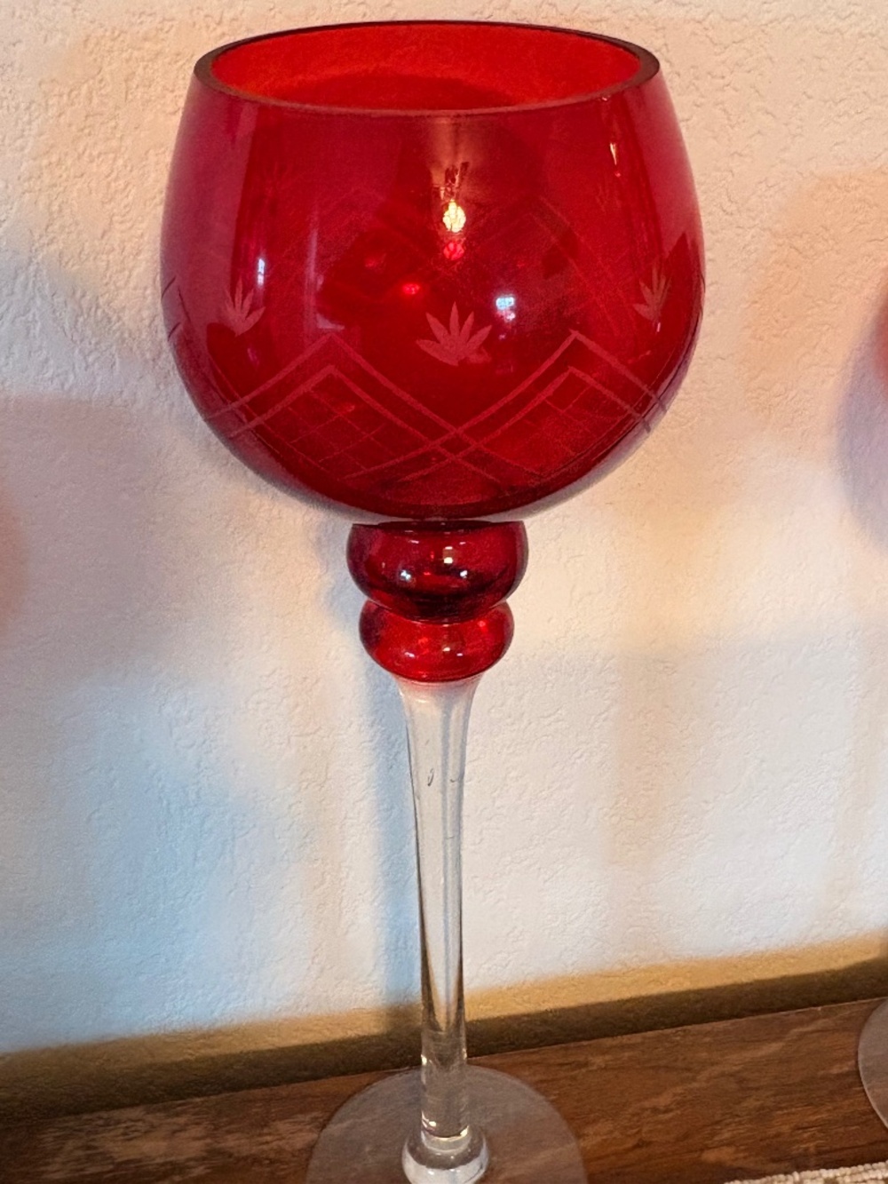 Set of 3 Ruby Red Long-Stemmed Glass Goblet Candle Holders / Vases